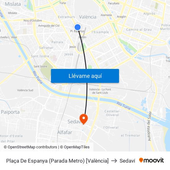 Plaça De Espanya (Parada Metro) [València] to Sedaví map