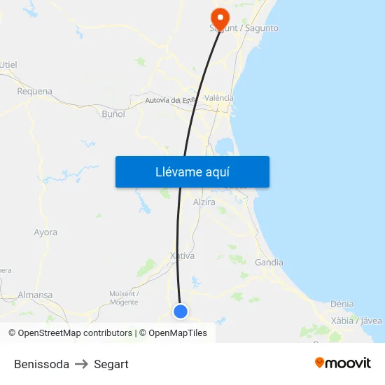 Benissoda to Segart map