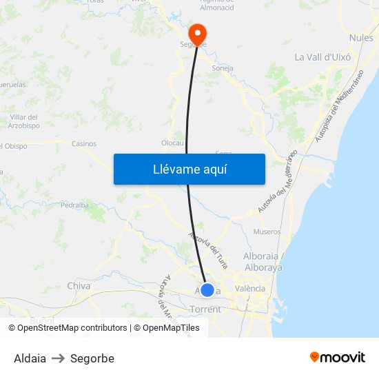 Aldaia to Segorbe map