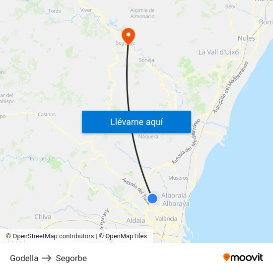 Godella to Segorbe map