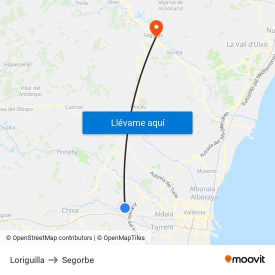 Loriguilla to Segorbe map