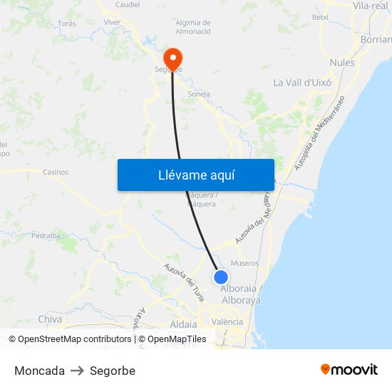 Moncada to Segorbe map