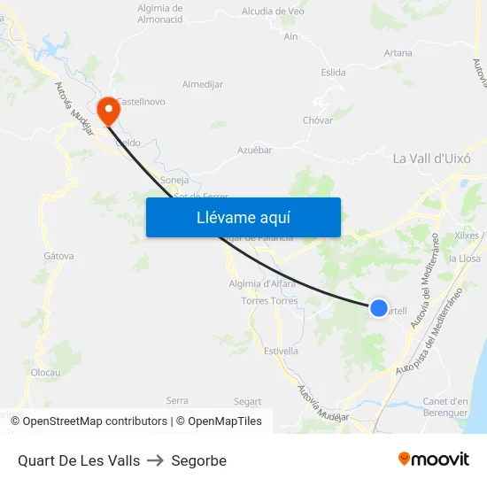 Quart De Les Valls to Segorbe map