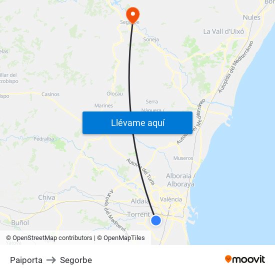 Paiporta to Segorbe map