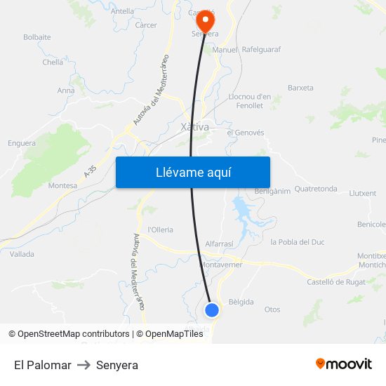 El Palomar to Senyera map
