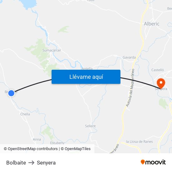 Bolbaite to Senyera map