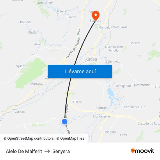 Aielo De Malferit to Senyera map
