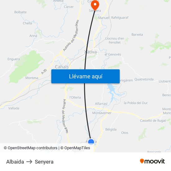 Albaida to Senyera map