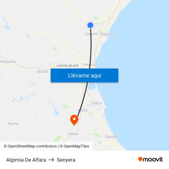 Algimia De Alfara to Senyera map