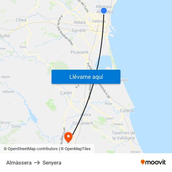 Almàssera to Senyera map