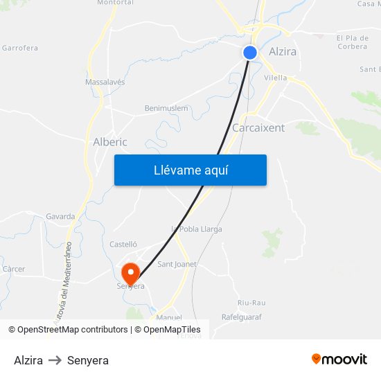 Alzira to Senyera map