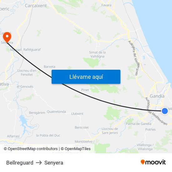 Bellreguard to Senyera map