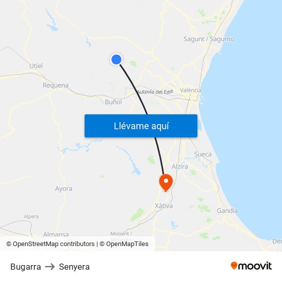 Bugarra to Senyera map