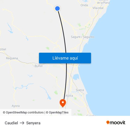 Caudiel to Senyera map