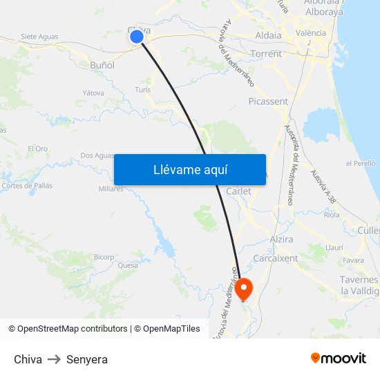Chiva to Senyera map