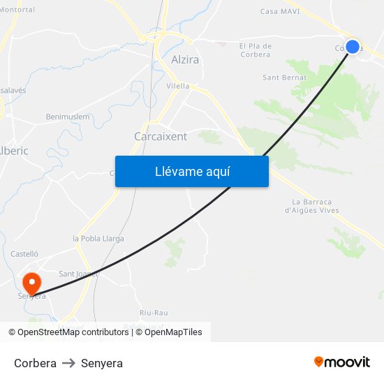 Corbera to Senyera map