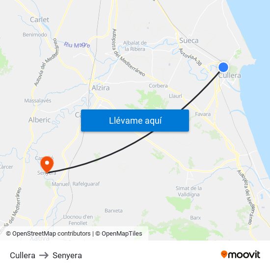 Cullera to Senyera map