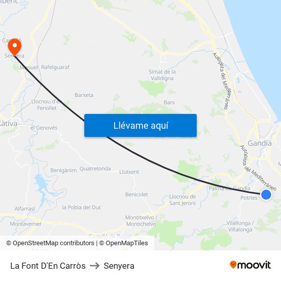 La Font D'En Carròs to Senyera map