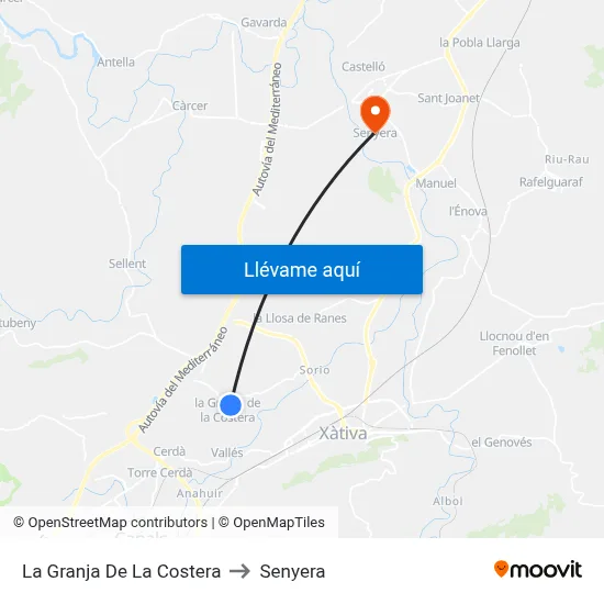 La Granja De La Costera to Senyera map