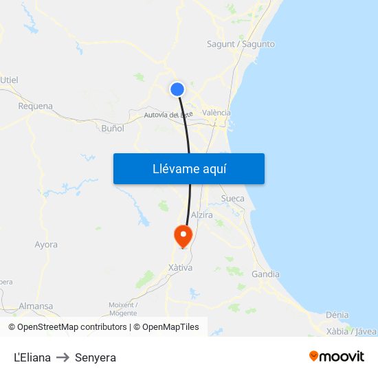 L'Eliana to Senyera map