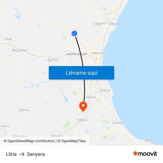 Llíria to Senyera map
