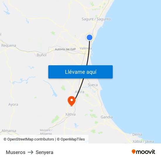 Museros to Senyera map