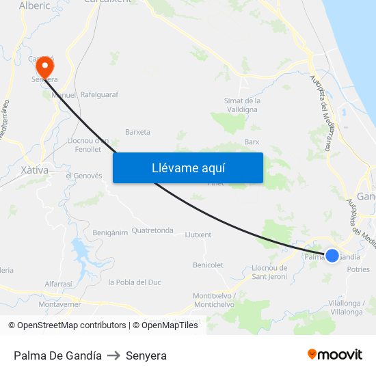 Palma De Gandía to Senyera map