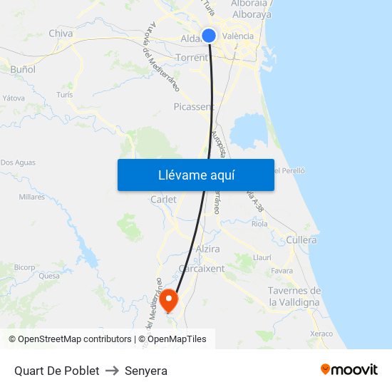 Quart De Poblet to Senyera map