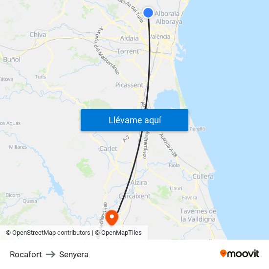Rocafort to Senyera map
