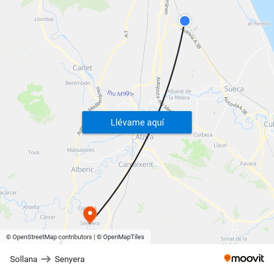 Sollana to Senyera map