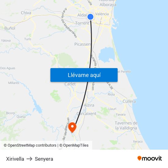 Xirivella to Senyera map