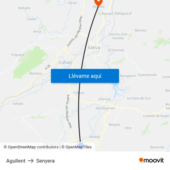 Agullent to Senyera map