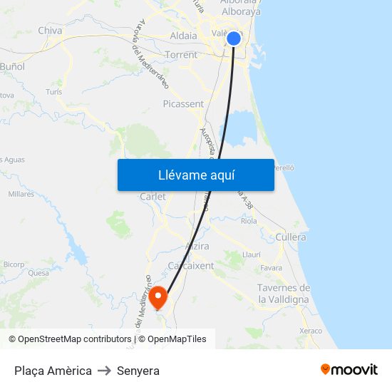 Plaça Amèrica to Senyera map