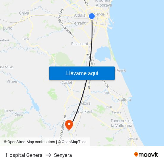 Hospital General to Senyera map
