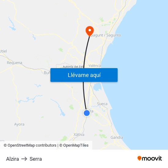 Alzira to Serra map