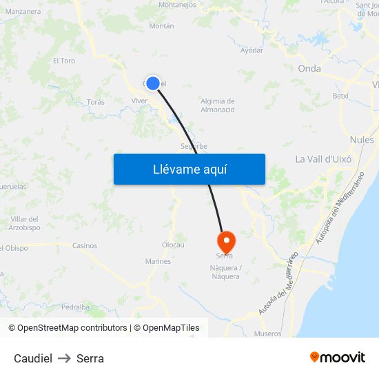 Caudiel to Serra map