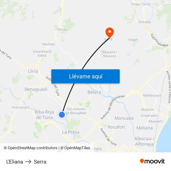 L'Eliana to Serra map