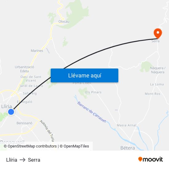 Llíria to Serra map