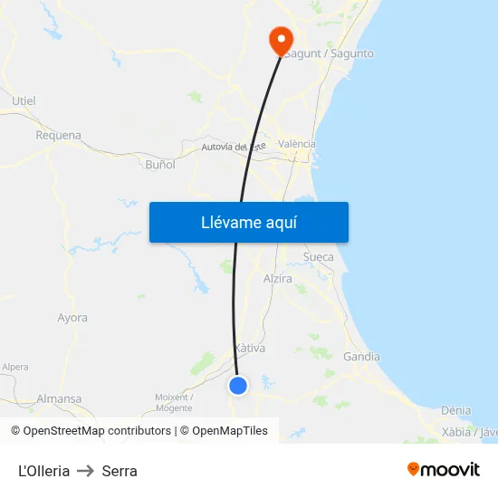 L'Olleria to Serra map