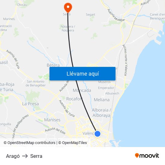 Aragó to Serra map