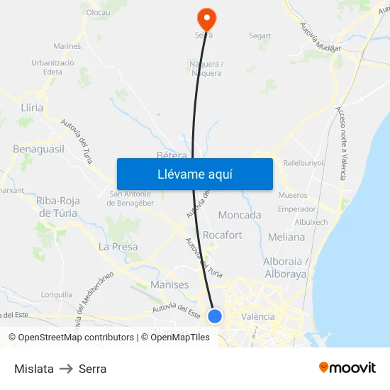 Mislata to Serra map