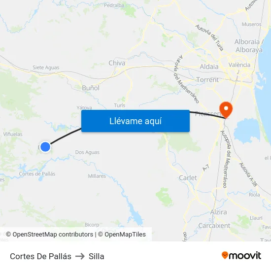 Cortes De Pallás to Silla map
