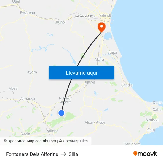 Fontanars Dels Alforins to Silla map