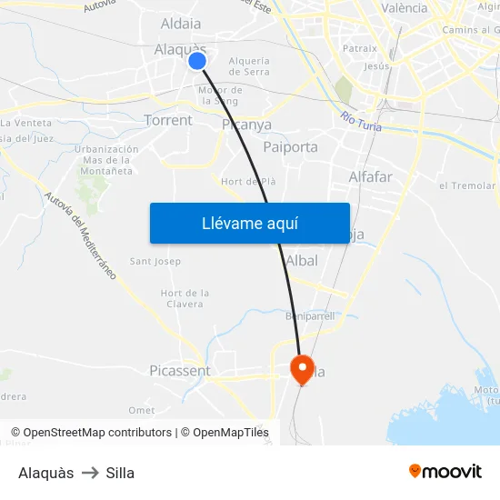 Alaquàs to Silla map