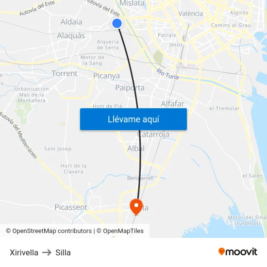 Xirivella to Silla map