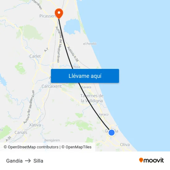 Gandía to Silla map