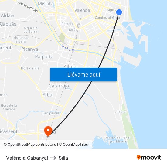 València-Cabanyal to Silla map