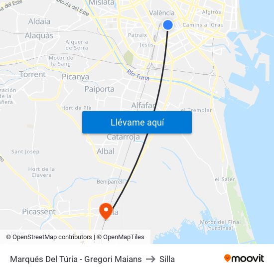 Marqués Del Túria - Gregori Maians to Silla map