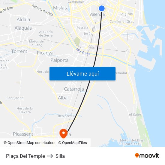 Plaça Del Temple to Silla map