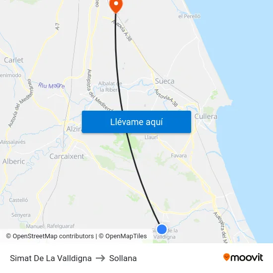 Simat De La Valldigna to Sollana map